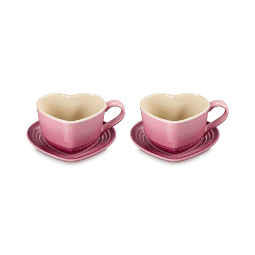 Le Creuset Stoneware Set of 2 Heart Mugs with Saucers